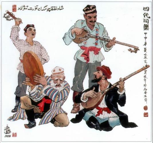哈孜·艾买提国画作品:新疆歌舞