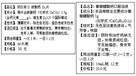 (1) 补充说明书上的空格处.  (2) 若青少年每天所需摄入的钙元素(1.