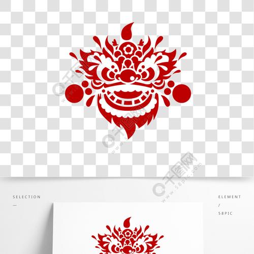 原创手绘剪纸舞狮图腾