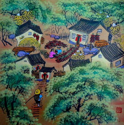 农家院饭店农村风景风情农家乐装饰张青义户县农民画尺寸25x25cm