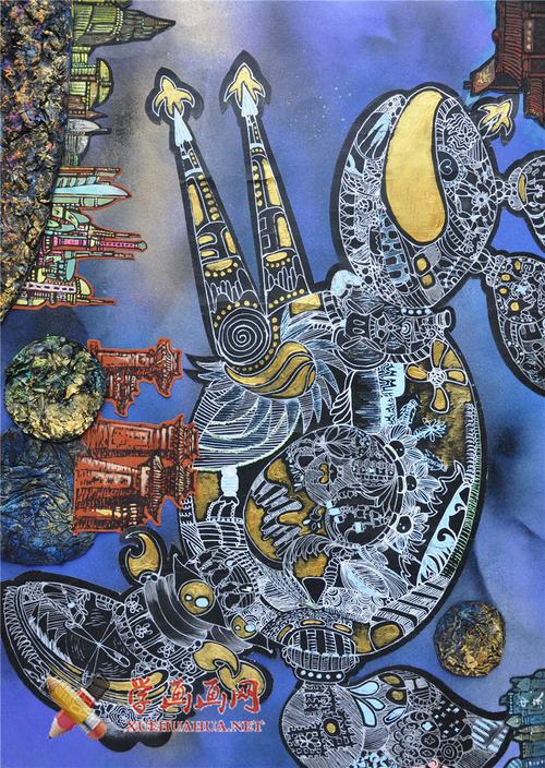 三年级小学生科幻画《仿生机械袋鼠虫洞时空跳跃器》