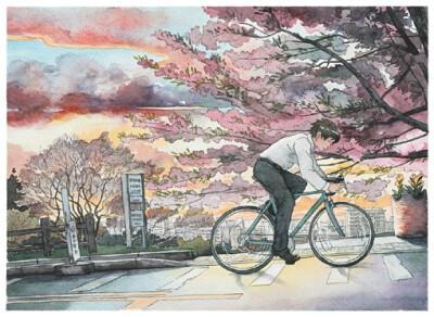 插画师mateusz urbanowicz日系单车自行车水彩画