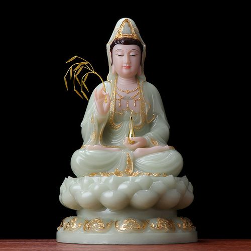 汉白翠玉镶金观音佛像家用供奉观世音菩萨开光南海送子观音摆件