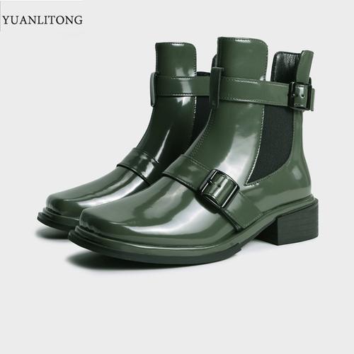 购客2021冬季新款中筒方头粗跟厚底皮带扣弹力靴女切尔西时装易购客
