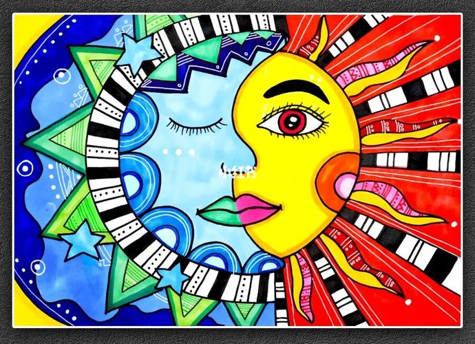 儿童画教程|冷暖色画拥抱的太阳和月亮_儿童画_绘画_教程_暖色_艺术家