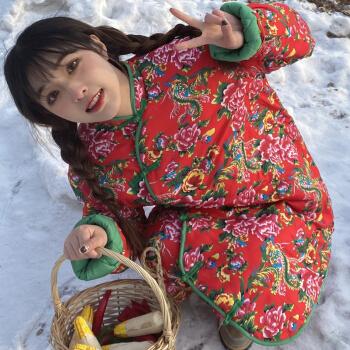视频同款东北大花布衣服棉袄棉裤大花袄套装加厚棉衣女冬大棉袄民族风