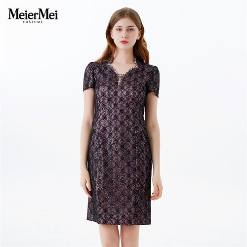 玫而美女装品牌专柜同款时尚气质修身短袖连衣裙中长款mxlr24300