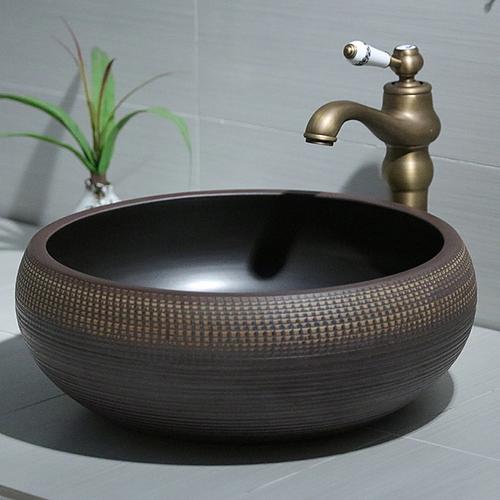 碗型卫生间洗脸盆洗手池纹理 陶瓷台上盆手工细雕复古艺术盆 景湛