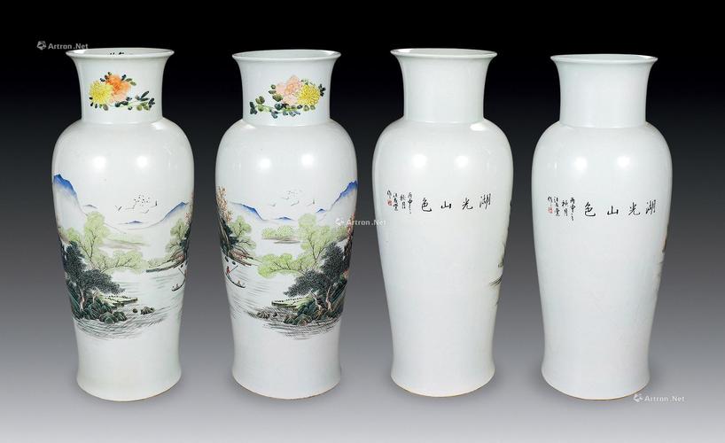 0017民国新彩山水花瓶一对