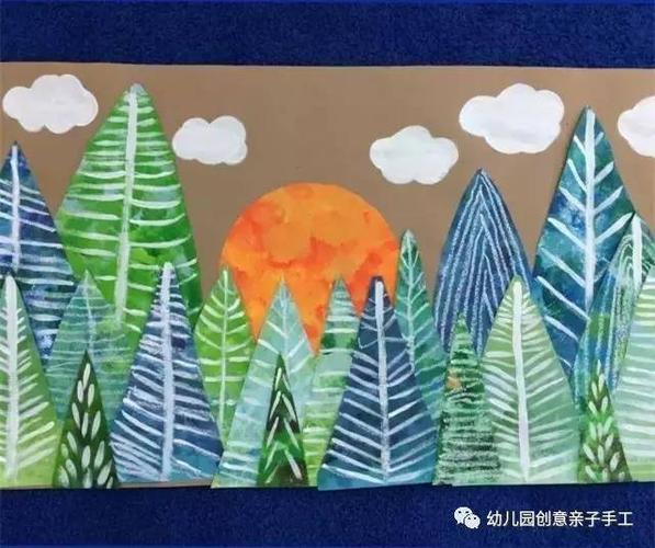 将树叶色卡和太阳色卡粘贴在牛皮纸上 添加白色的云朵