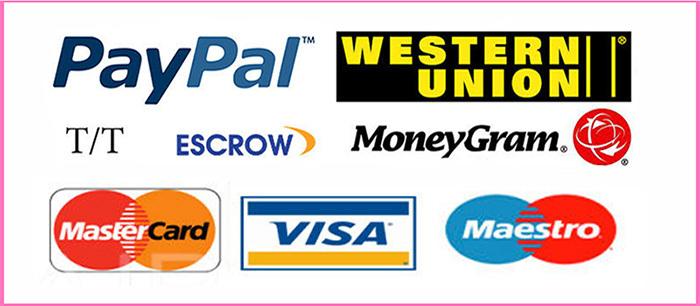  we accept paypal, western union, moneygram, escrow, bank