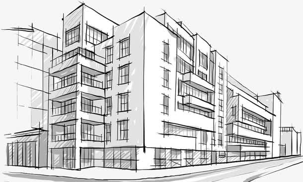 手绘多层楼房建筑简笔画