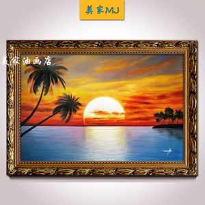 太阳日出海景风景油画横版欧式现代装饰画玄关挂画美式客厅餐厅画