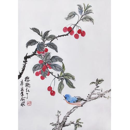 原创手绘国画樱桃挂画餐厅装饰画写意花鸟画书画国画