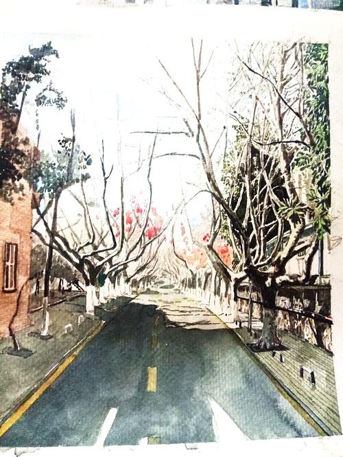 水彩作品《南艺校园一角》