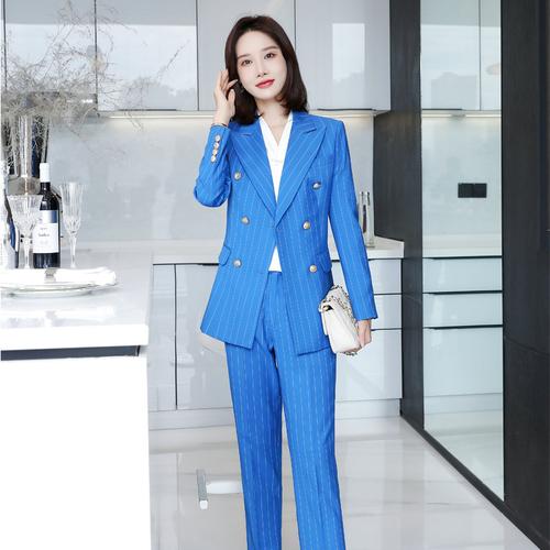 薄款正装时尚气质原创设计女士西装两件套套装宽条纹款(宝蓝色宽条纹