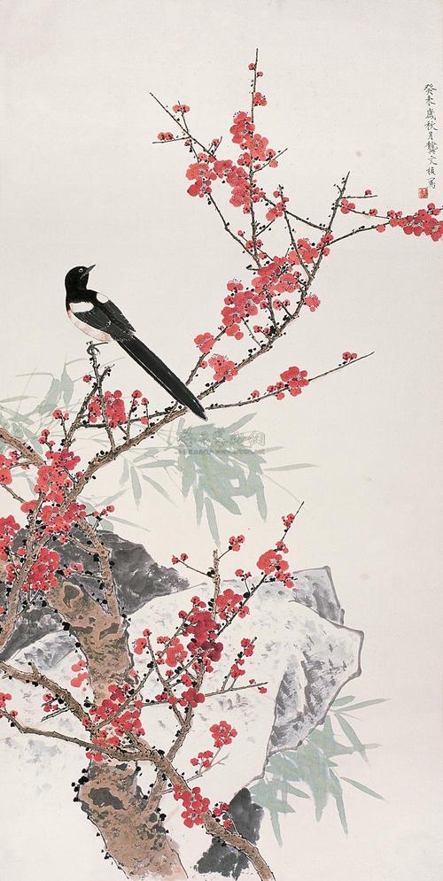 0082 2003年作 喜鹊登梅 立轴 设色纸本