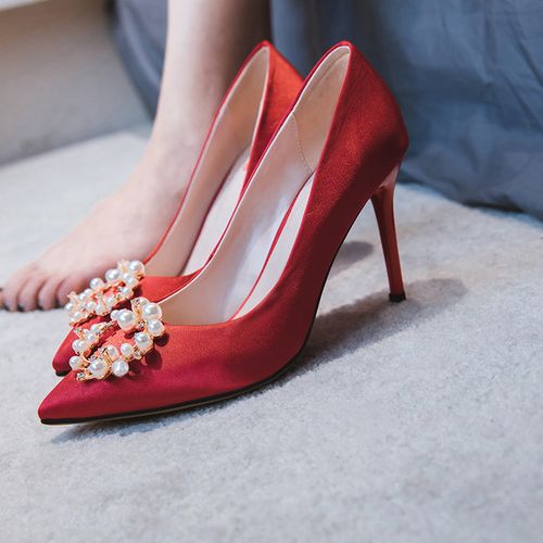 新款婚纱新娘鞋小清新高跟鞋珍珠扣伴娘鞋细跟单鞋 2018 红色婚鞋女