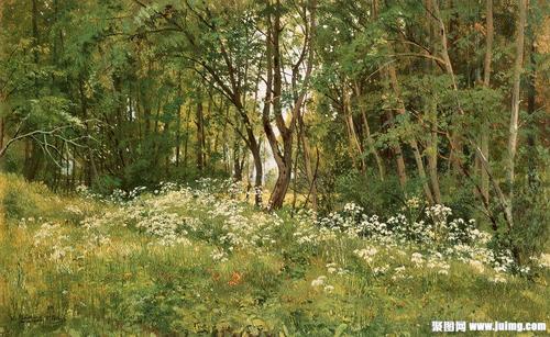 树林鲜花草地风景油画
