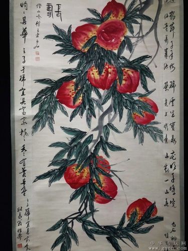 齐白石寿桃画一幅名人题词纸本立轴包手绘实物怕实物拍摄品相如图l33