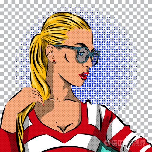 波普艺术戴墨镜-波尔卡圆点背景上的女子.矢量