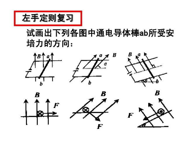 左手定则复习 试画出下列各图中通电导体棒ab所受安 培力的方向