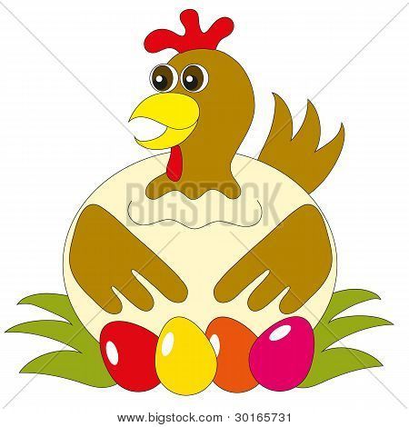 母鸡孵化出多彩色鸡蛋