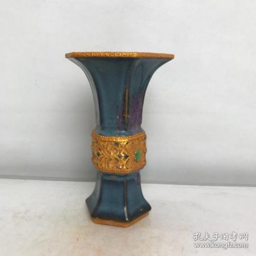 宋钧窑包金六角 花 斛 钧窑瓷花鼓