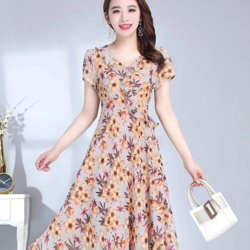 艾尔菲洋21ab8066款时尚雪纺纱花色修身连衣裙2021夏季新款