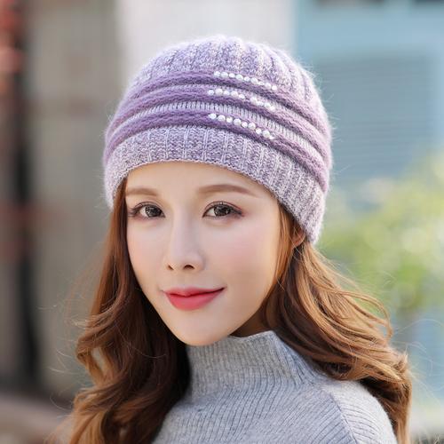 帽子女老年人秋冬 妈妈_帽子女冬季针织毛线帽保暖贝雷帽秋冬天兔毛帽