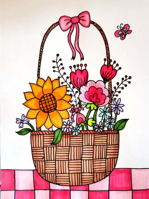 花篮儿童画 卡通画 线稿_小朋友_花卉_儿童画_文化