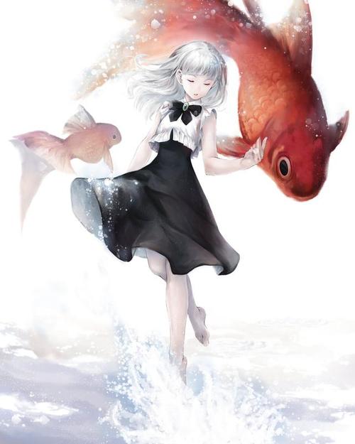 少女与金鱼(锦鲤)在一起的插画真是美极了,何止用惊艳可以形容