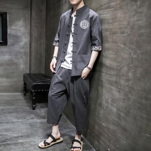 购客汉服中山装 男青年潮流亚麻套装 中国风男装 刺绣唐装 中式复古风