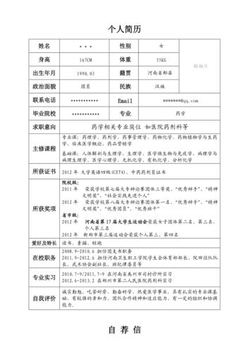 药学专业个人简历