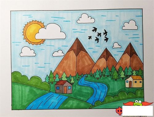 5,最后,我们给天空涂上蓝色,太阳涂上黄色,一幅漂亮的春天简笔画就