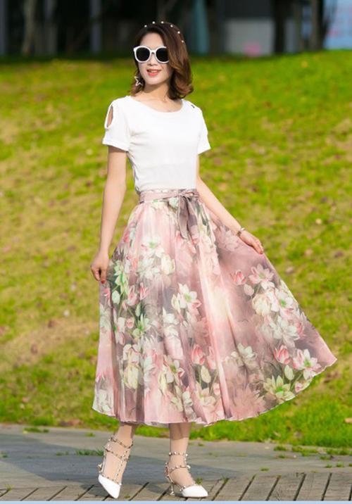 女半身裙雪纺中长款碎花夏季新款纱裙 高腰a字裙印花长裙大摆裙子