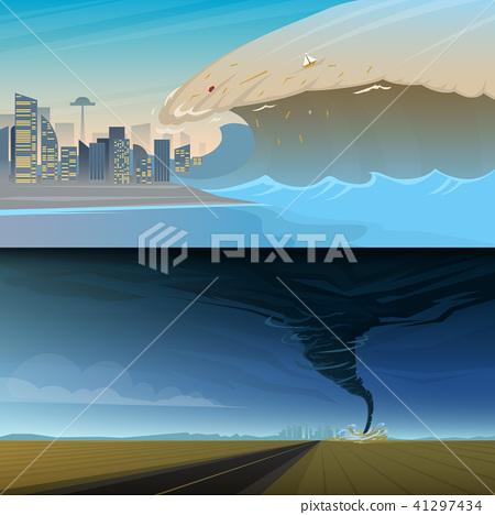 插图素材: tsunami and twisting tornado or storm from.