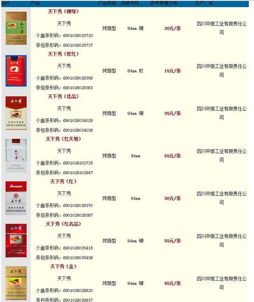 天下秀香烟价格和图片_天下秀香烟多少钱一包
