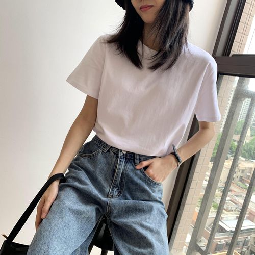 纯棉秋季打底衫白色短袖t恤女夏外穿ins新款港风简约修身圆领上衣