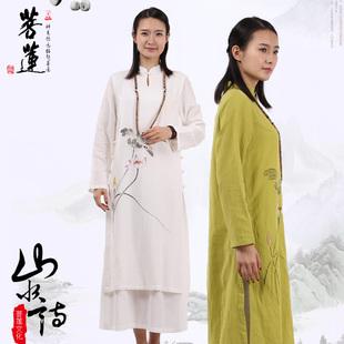 彩绘民族风复古茶服禅服女唐装旗袍女士长裙菩莲禅意连衣裙女唐装