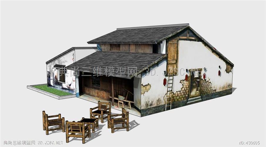 中式瓦房老房子人字坡屋顶1su模型