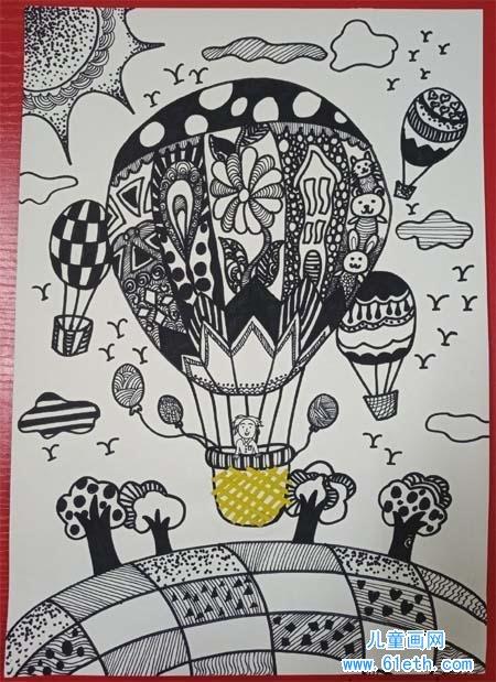 关于热气球儿童黑白线描画作品