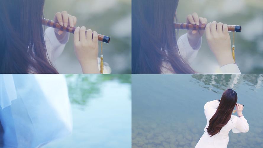 汉服中国风女孩湖面吹奏笛子唯美意境