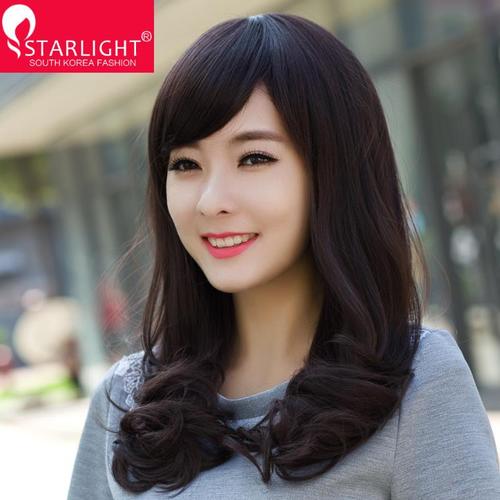 星光梨花头女士假发长卷发 斜刘海蓬松假头发 女生逼真整顶假发套_不