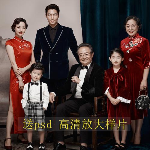 2021展会新款影楼亲子主题服装 一家四口全家福拍照红色礼服套装