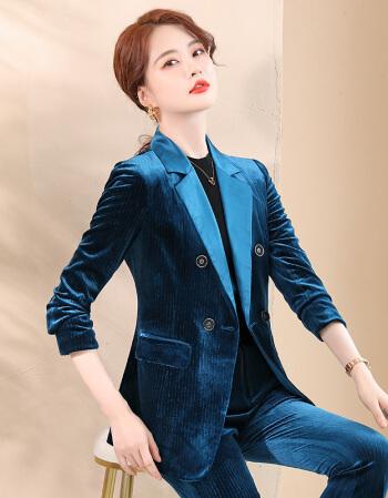 昱磊感红色金丝绒灯芯西装套装女春秋冬新款气质名媛西服外套职业蓝