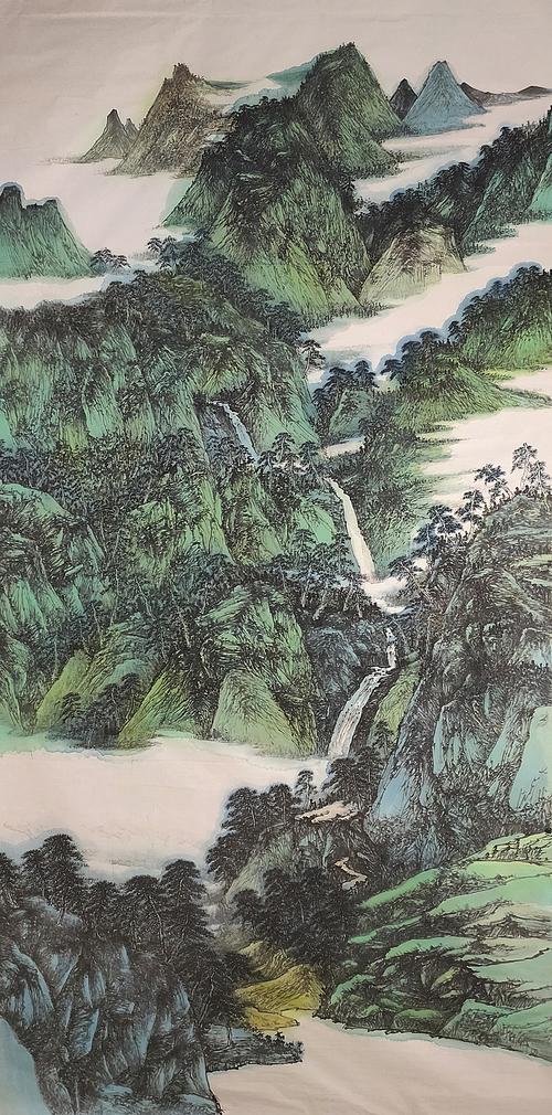 著名画家李艾平创作巨幅国画《绿水青山图》作品欣赏