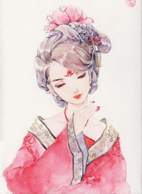 彩铅手绘古风美人图片浮生覆声抚笙渡