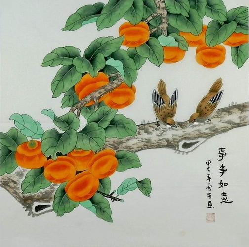 gg手绘字画装饰国画顾雪芳四尺斗方工笔画花鸟柿子小鸟事事如意