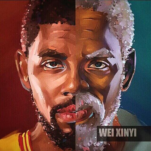 nba凯尔特人球星欧文创意半脸篮球插画,美漫卡通